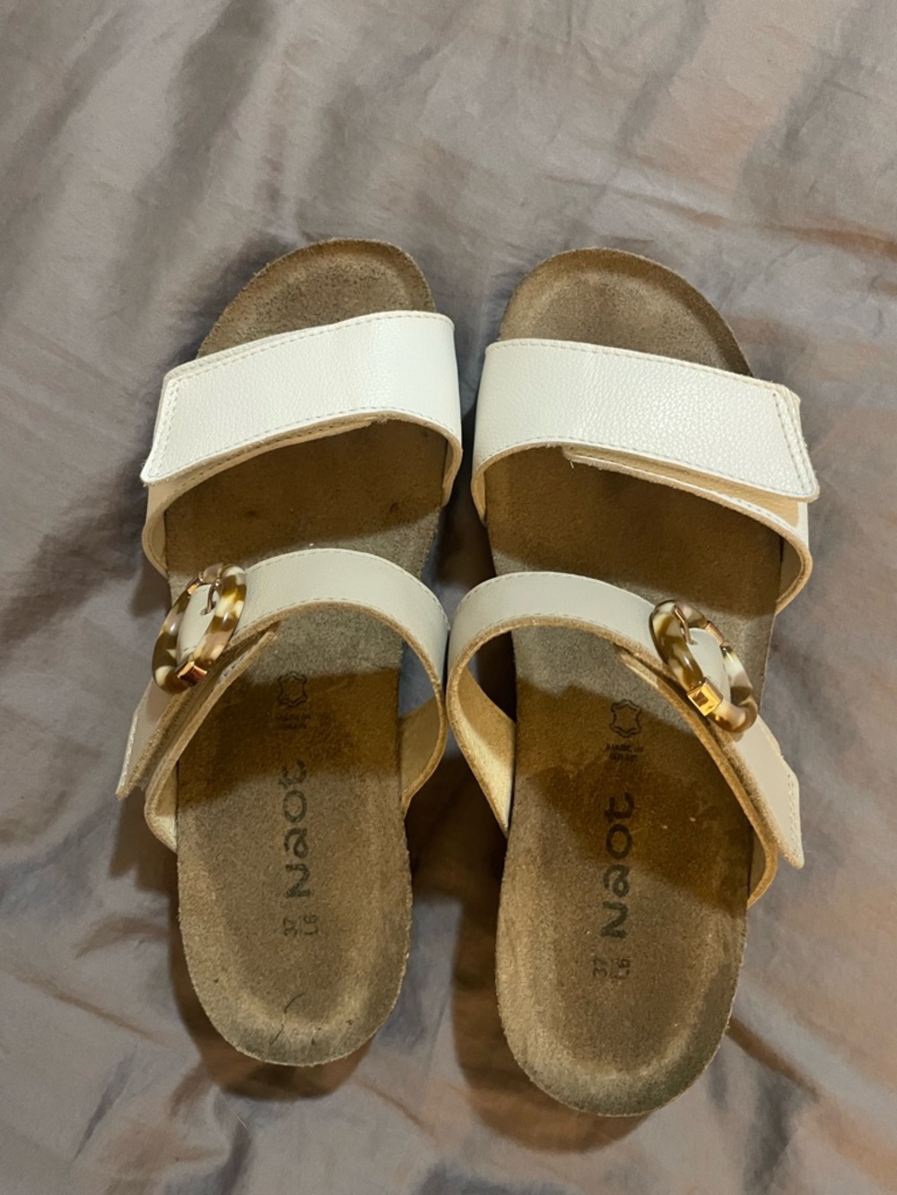 Naot White Slide Sandals with Gold-Tone Decorative Ring